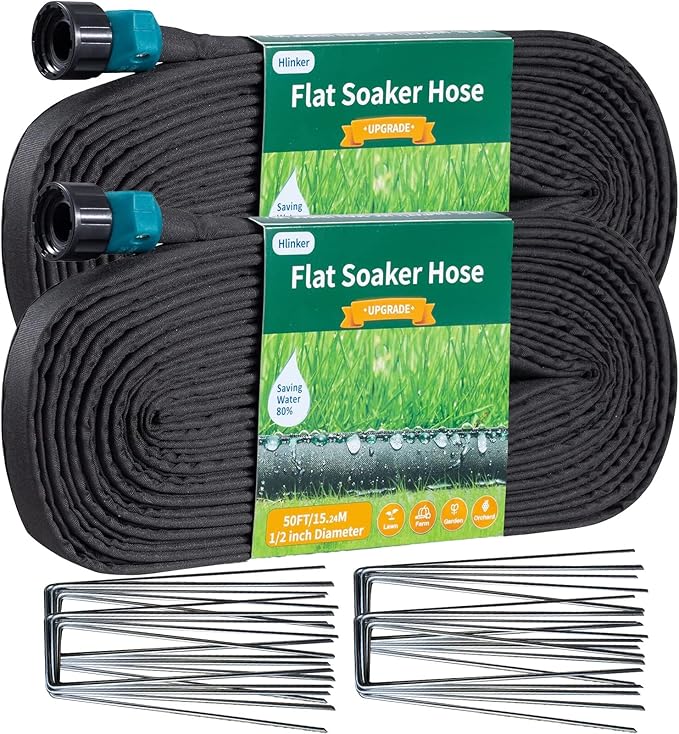 2026 Flat Soaker Hose 100 ft (50ft 2Packs) with Stake for Garden, Linkable Drip Hose Diy Automates Garden Irrigation System Saving 88% Water, Dual-layer Leak-free Design Water Hose with Holes