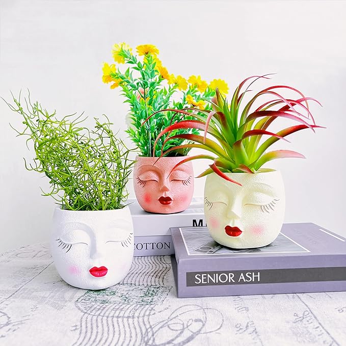 Small Face Succulent Pots Handmade Resin Lady Head Planter Cute Flower Pots Funny Succulent Planter for Indoor and Outdoor Plants White 1Pack