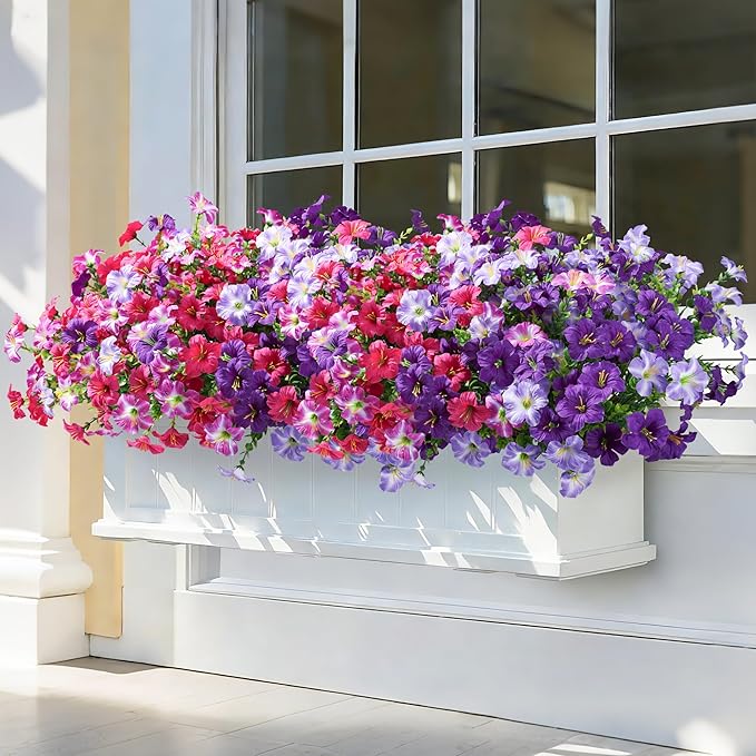 Artificial Flowers for Outdoors Decoration, 20 Bundles Fuchsia Faux Morning Glory with Eucalyptus Look Real UV Resistant Fake Plants Silk Flowers for Outside Yard Gardens Porch Patio Planter Home Urn