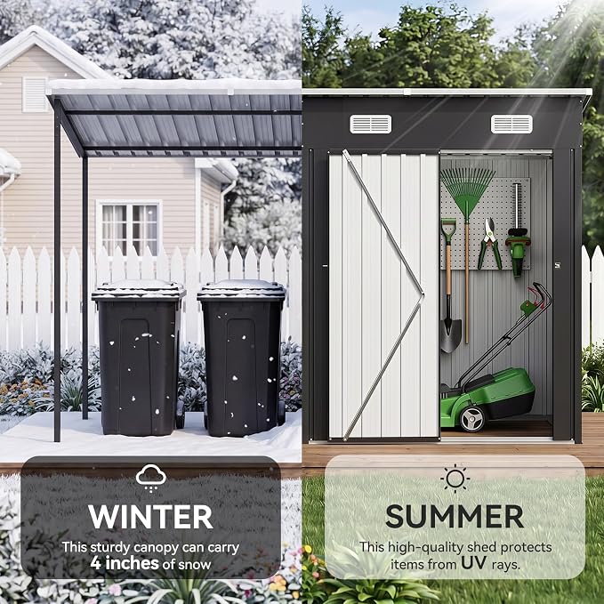 Aoxun 5x3FT Outdoor Storage Shed & Hardtop Canopy Gazebo Combo | 10x3FT Metal Lean to Shed, 2-in-1 Garden Bike Shed for Patio, Backyard, Deck, Black