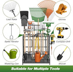 Sttoraboks Garden Tool Organizer Rack Up to 39 Tools, Heavy-Duty Steel Yard Tool Organizer for Garage Storage with 12 Hooks, Broom Holder & Garden Tool Rack for Shed, Patio, Outdoor Storage, Black