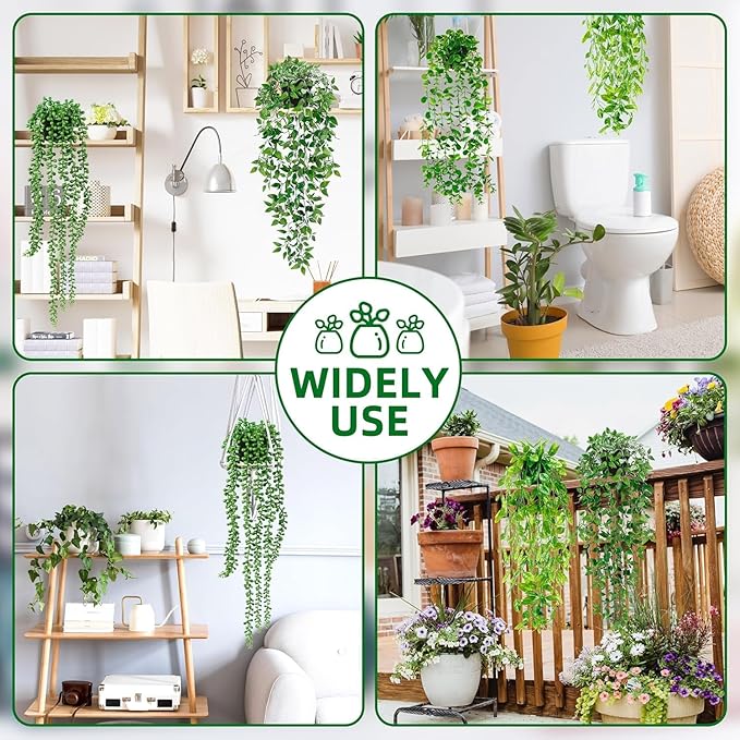 Palonu 4 Pack Faux Artificial Hanging Plants, Fake Potted Greenery with Eucalyptus Vine, Mandala, Pea Pod Leaves & String of Pearls in Pots for Office, Living Room, Bathroom, Indoor & Outdoor Décor