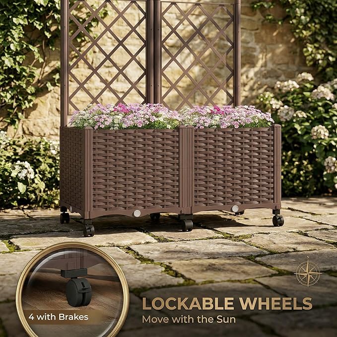 Outsunny Planter Box with Trellis, Self Watering Raised Garden Bed with Lockable Wheels, Privacy Trellis Planter with Drainage Holes for Climbing Plants, Vegetables, Flowers, 56.3", Brown