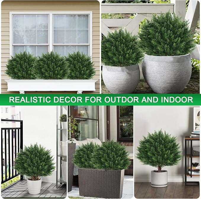 2Pack Artificial Cedar Topiary Ball Trees, 16'' UV Resistant Fake Evergreen Shrubs Bushes Plants with Ground Spike Fake Plants for Outdoor Indoor Front Porch Garden