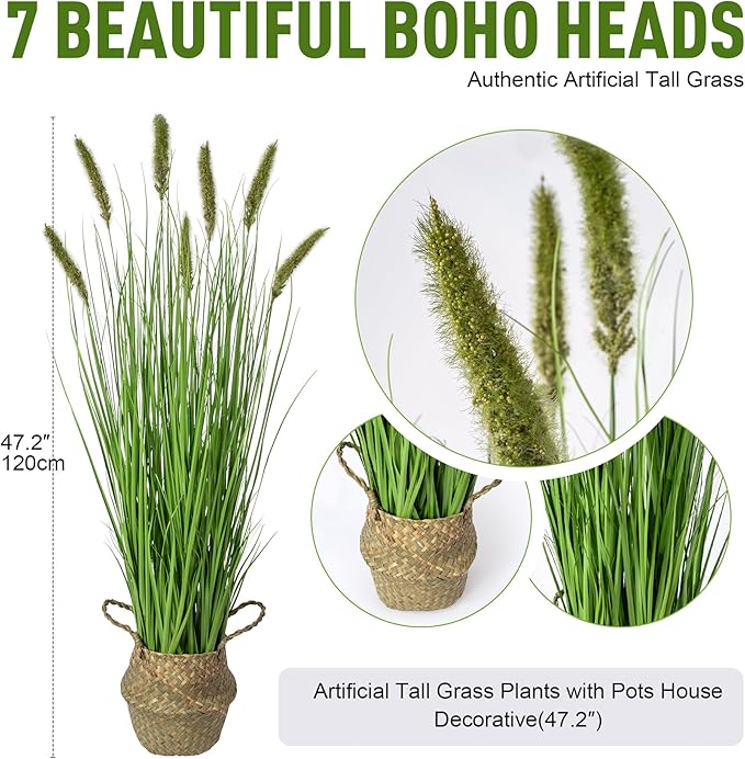 Artificial Cattail Reed Grass Plants Indoor ，Faux Cattail Grass Plant Artificial Plant Grass Outdoor,Fake Grass Tall Green Onions Fake Plant， Living Room Kitchen Office Decoration 47“1 Pcs