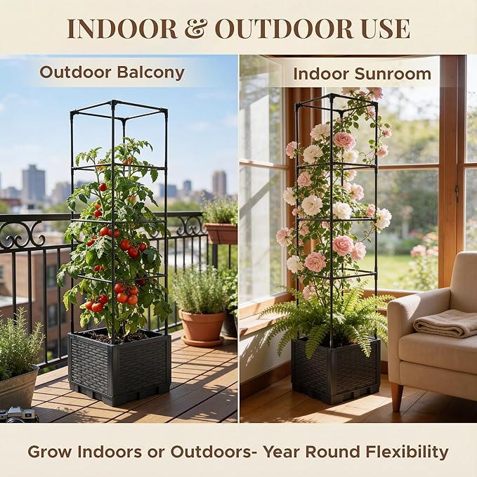 2 Pack Tomato Planter with Trellis 43 Inch, Self Watering Planter Box with Trellis, Vertical Raised Garden Bed Planter for Climbing Vegetables Indoor Outdoor Patio