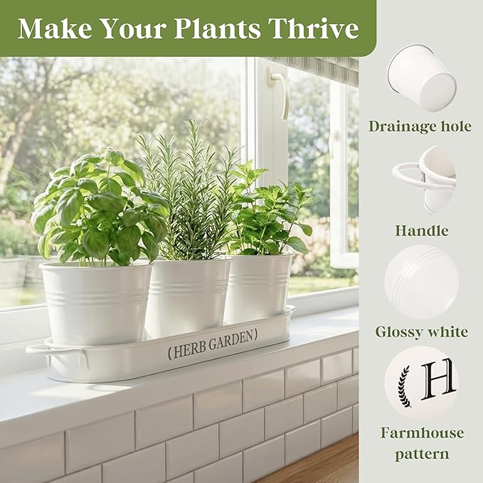 PERFNIQUE Indoor Herb Garden, Herb Planter for Indoor/Outdoor, Farmhouse Plant Pots, Windowsill Herb Garden with Tray(Planter only) Window Pots