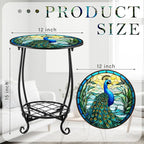 Outdoor Side Table Round Small Mosaic Patio Accent Indoor End Plant Coffee Tea Table for Yard Patio Porch Garden Living Room, Bedroom(Peacock Style,12 Inch)