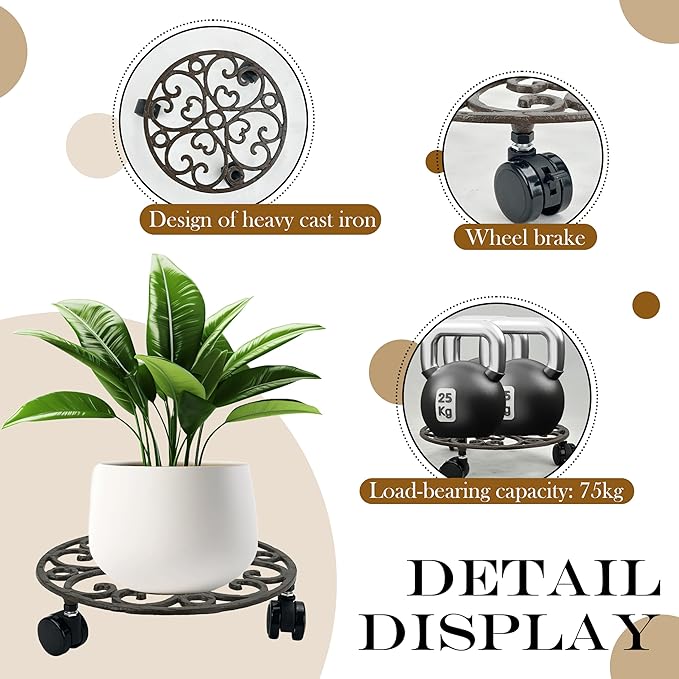 Plant Stand with Wheels, 10.7 Inch Anti-Rust Cast Iron Heavy Duty Plant Caddy with Wheels, Rustic Plant Caddy & Plant Stand Indoor for Potted Plants, 160 lbs Capacity for Living Room, Courtyard, No Assembly Required