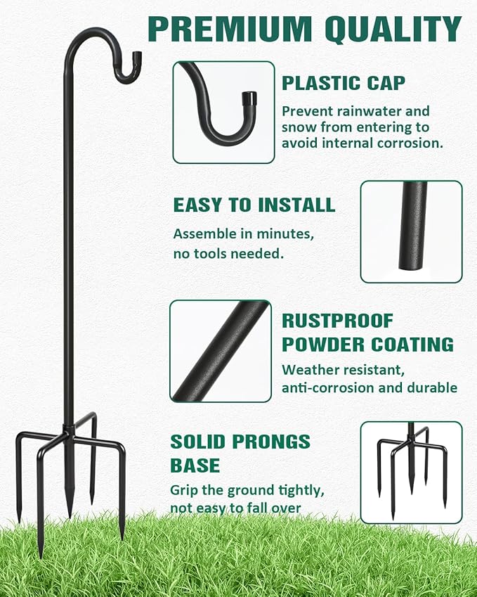 Breeze Touch 2Pack 32 Inch Adjustable Shepherd Hooks for Outdoor Outside, Heavy Duty with 5 Prongs Base, for Hanging Lantern, Hummingbird Feeder, Lightweight Plant, Wind Chime, Bird Feeder Hanger