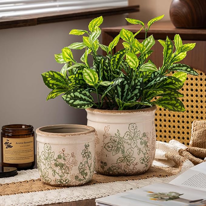 SURE YUESI for Mom from Daughter or Son, Set of 2 Ceramic Planters 4.7” & 5.7”, Vintage Indoor Plant Pots Without Drainage Hole, Pastoral Rustic Decorative Planters for Flowers & Home Decor