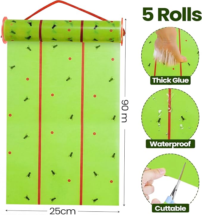 Qualirey Giant Sticky Fly Traps, Fly Strips for Indoor Outdoor Hanging Flying Tapes Non Toxic Ribbon Fruit Gnat Killer for Mosquito Plants House Horse Stable(147.65ft,Fluorescent Green,5 Pcs)
