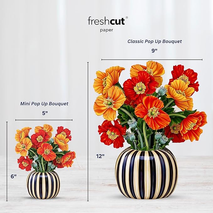 Freshcut Paper Pop Up Cards, Mini French Poppies, 6 Inch Mini Sized Forever Flower Bouquet 3D Popup Greeting Cards, Birthday Cards, Thank You Card, Blank Notecard & Envelope