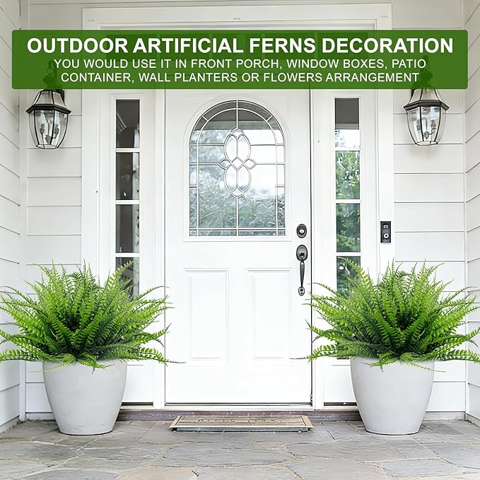 TURNMEON 20 Bundles Artificial Plants Outdoor Faux Boston Fern 17 Inch Long Length Summer Decor, Fake Plants UV Resistant No Fade Plastic Greenery Shrubs Flowers for Garden Porch Indoor Cemetery Decor