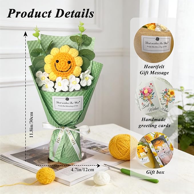 PXFCXVMQ Crochet Sunflower Bouquet,Pink Handmade Knitted Artificial Flower Gift with Card and Box,Smiley Sunflower Bouquet for Graduation, Birthday, Mother's Day,Teacher Appreciation Gift