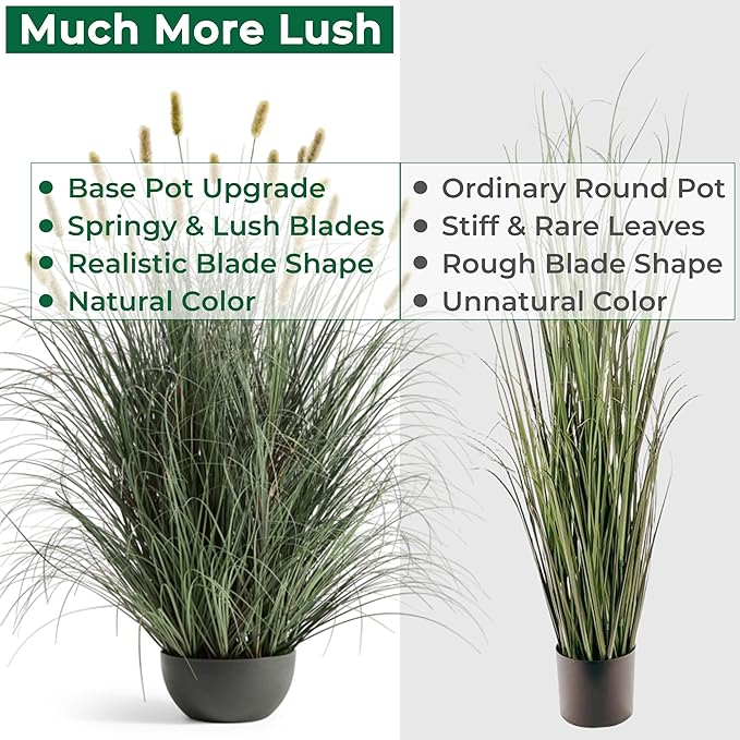 FloraFairy 3ft Onion Grass, Extra Lush Artificial Plant and Greenery, Fake Floor Plants Indoor Outdoor, Potted Faux Green Bristlegrass with Spikes, Horsetail Reed Grass, House Decorative