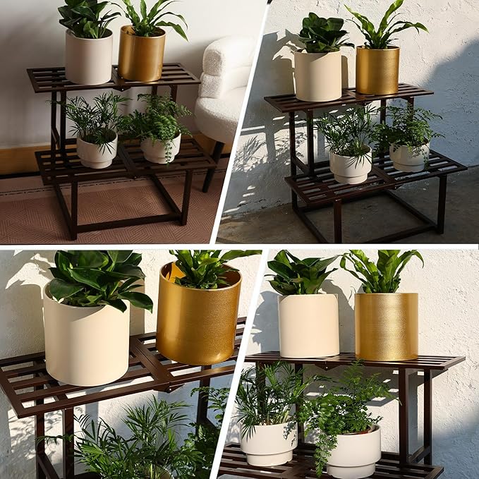 Plant Stand Indoor Outdoor, Foldable Metal Plant Shelf for Multiple Pots, Mid Century Slatted Bench for Patio Garden, Heavy Duty Capacity 330 lbs 2 Tier Coffee