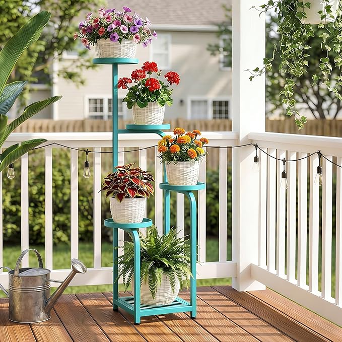 TOSKING 5 Tier Tall Plant Stand Indoor Outdoor,Anti-Tip Plant Stand indoor, Wide Base for Pots, Child and Pet Friendly,Heavy Duty Corner Shelf for Plants & Decor, Space Saving ,Tiered Metal Flower Pot Stand for Balcony, Garden, Living Room, Patio (Blue...