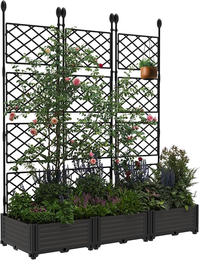 Garvee Raised Garden Bed with Trellis 3-Pack - 48" l x 16" w x 63" h Plastic Vertical Planter Box for Climbing Plants, Outdoor Privacy Screen for Patio, Balcony, Backyard - Sturdy & Lightweight