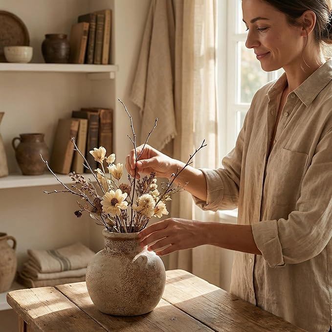 Farmhouse Table Vase, 5.7 Inch Ceramic Pot, Rustic Boho Terracotta Decor for Shelf, Mantel, Bookshelf, Living Room, Handmade Aged Look Centerpiece