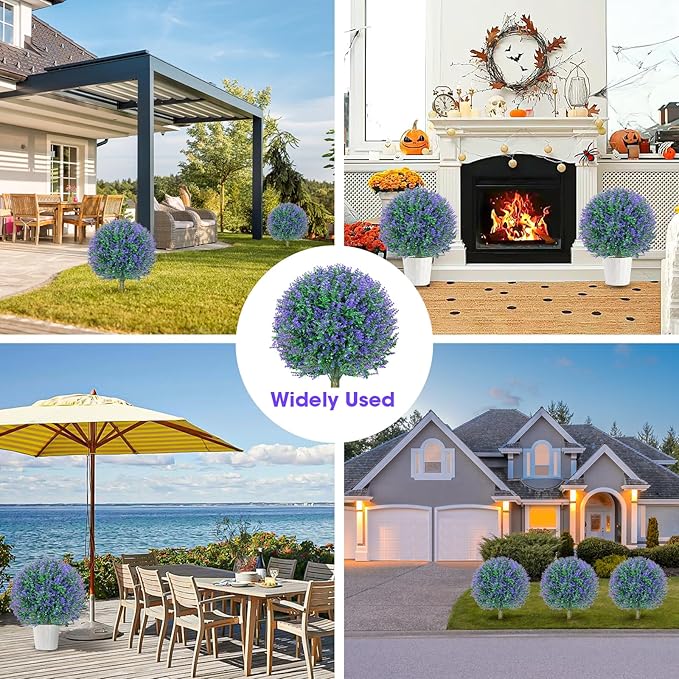 25.6" Artificial Lavender Topiary Ball Plants, 2 Pack Faux Bushes with Spike – UV Resistant & Fade Resistant Artificial Shrubs, Spring Artificial Plants for Indoor Outdoor Front Porch Garden