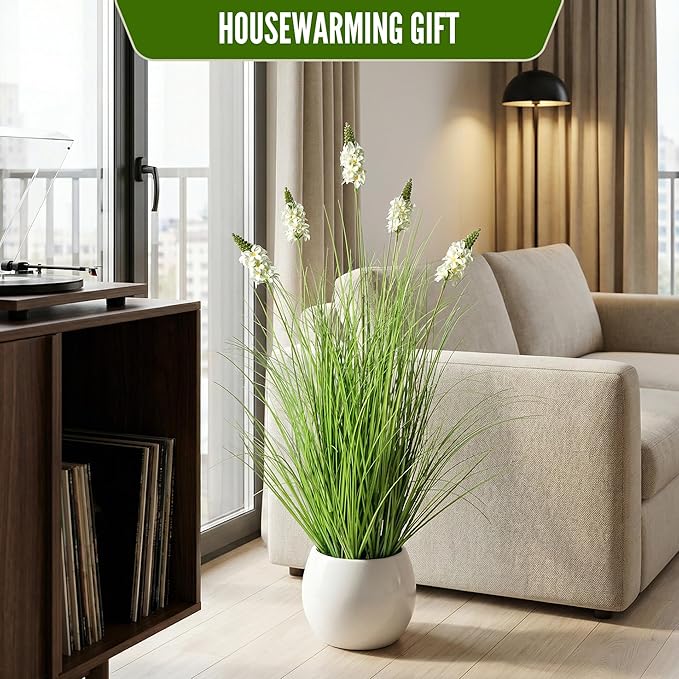 Artificial Plants Indoor Tall Grass Plants with Hyacinth Flower 35.4In Tall Artificial Ornamental Grass Green Onions Outdoor Fake Plants with Black Pot Home Office Decorative (1 Pack,White)