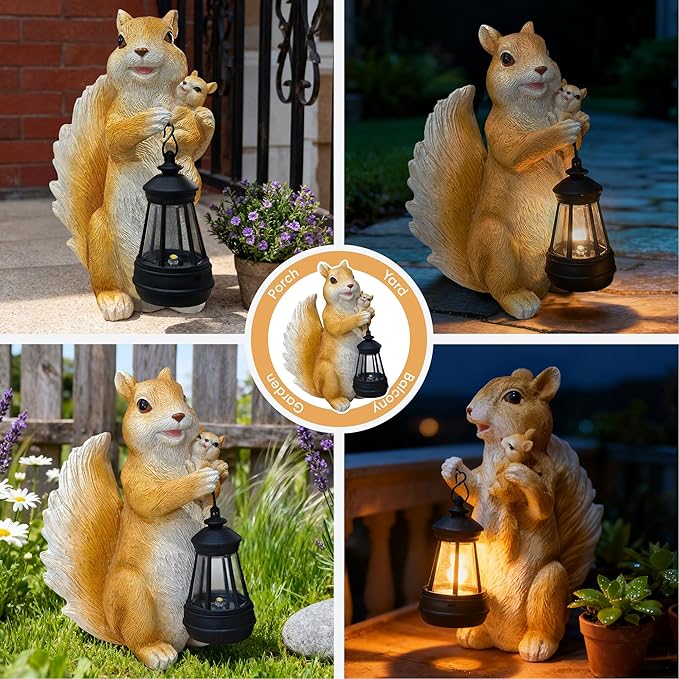 Solar Garden Statues Outdoor Decor – Cute Squirrel Statue with LED Lights, Waterproof Animal Figurine Lawn Ornament for Yard, Patio or Porch, Garden Decor Gift for Women & Mom