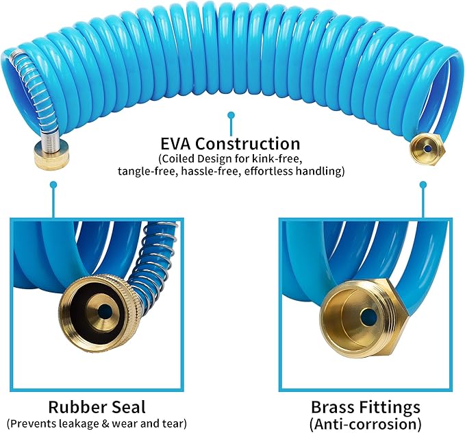 AUTOMAN EVA Recoil Garden Hose 25ft - Includes 7 Pattern Spray Nozzle,Curly Water Hose 25 Foot,Watering Hose Coil,Retractable,Corrosion Resistant Garden Coil Hose.Blue