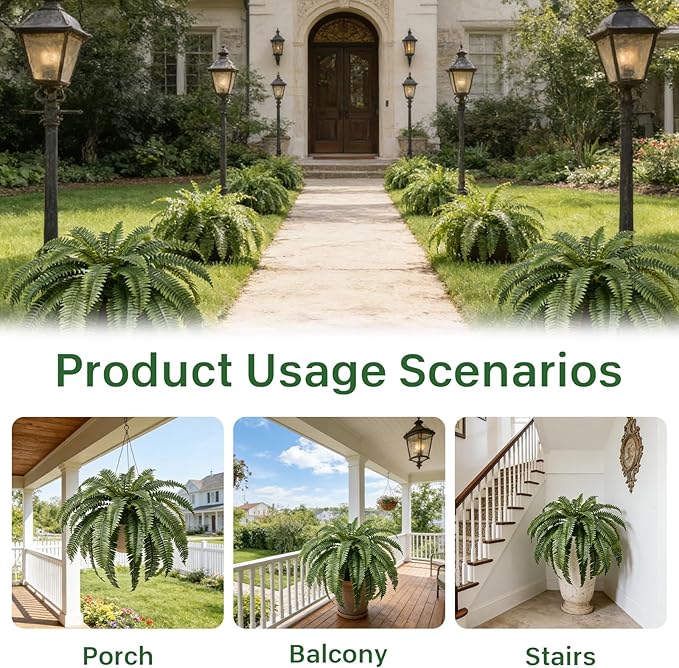Set of 2 Large Artificial Boston Fern Plants, 48" Giant Faux Ferns with 39 Realistic Fronds, UV Resistant Fake Greenery for Outdoor Porch, Hanging Basket, Patio & Indoor Home Garden Decor