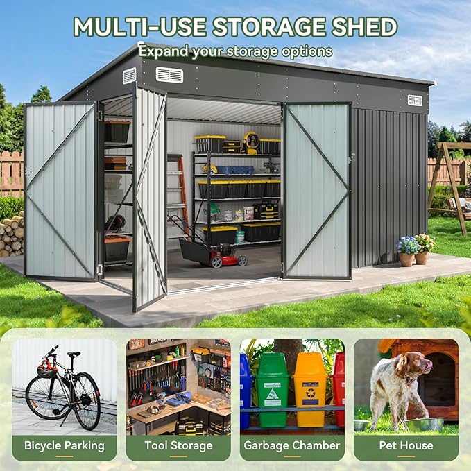 Aoxun 12'x7.3' Outdoor Storage Shed with Triple Lockable Door, Metal Storage Shed with Slopping Roof for Tools Bicycles Storage in Garden, Backyards, Black