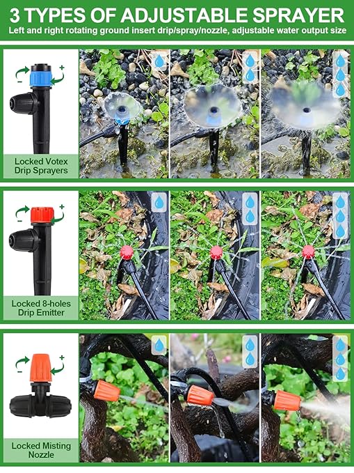 207FT Automatic Drip Irrigation Kits, Kalolary 1/4" 1/2" Adjustable Garden Watering System with 4/7mm 16mm Tube Drip Emitters Locked Fittings Drip Irrigation Parts System for Greenhouse Raised Beds