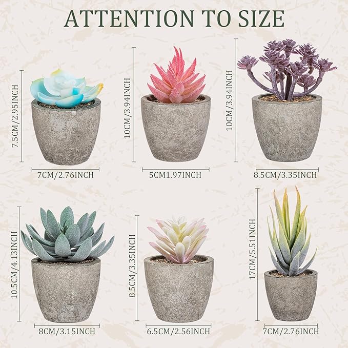 Set of 6 Artificial Succulents Potted - Realistic Mini Fake Cactus Plants in Paper Pulp Pots, 2-4'' Mixed Sizes for Farmhouse Shelf, Bathroom, Coatrack Shelf, Bedroom Indoor(Vivid Style)