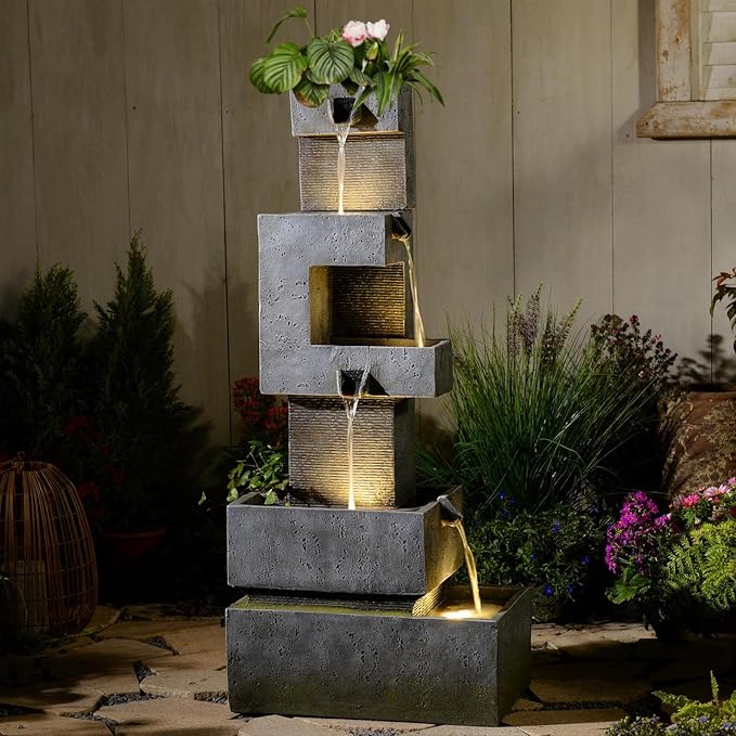 Sunlinua 48.4" H Outdoor Water Fountain with 4 Tiers Cascading Realistic Rock Waterfall Fountains with LED Lights Outdoor Water Fountain for Garden Patio Backyard Porch Home Decor