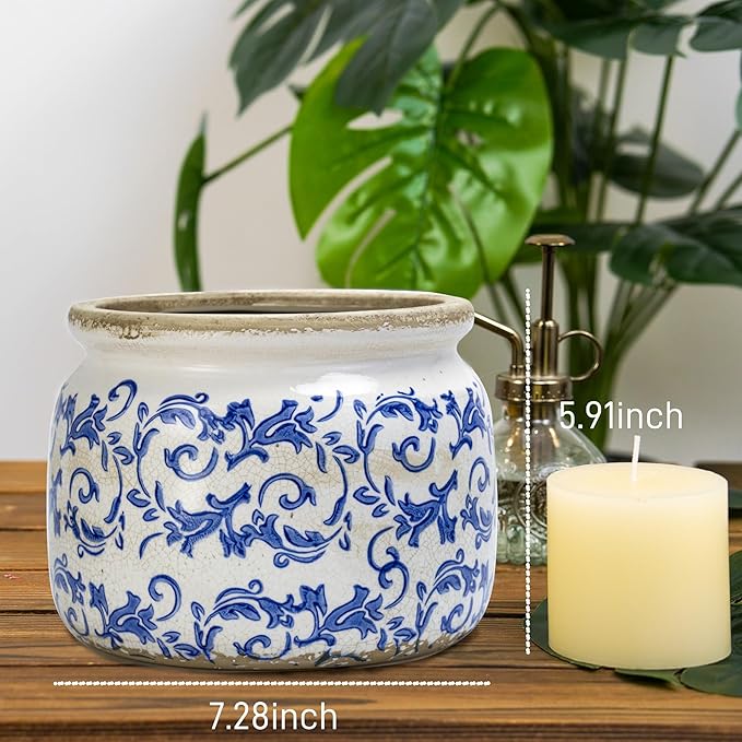 Dosayes Large Ceramic Pot for Planters, Ice Crack Glazed Flower Pot with Drainage Holes,5.91inch Vintage Planters for Indoor and Outdoor (Blue)