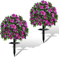 Artificial Flowers for Outdoors, Faux Outdoor Plants Fake Plants Topiary Balls Artificial Outdoor Set of 2 with Ground Spike for Home Front Porch Patio Garden Decor (Rose Purple)
