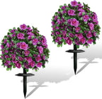 Artificial Flowers for Outdoors, Faux Outdoor Plants Fake Plants Topiary Balls Artificial Outdoor Set of 2 with Ground Spike for Home Front Porch Patio Garden Decor (Rose Purple)