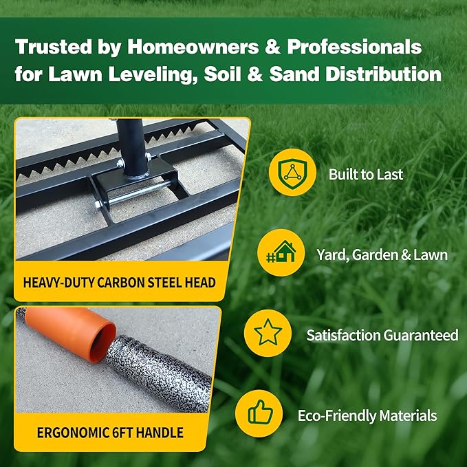 Lawn Leveling Rake 17x10 Inch, 6FT Heavy-Duty Carbon Steel Lawn Leveler – Yard Leveling Rake for Soil, Sand, Grass, Perfect for Lawn Repair, Pit Filling & Garden Maintenance