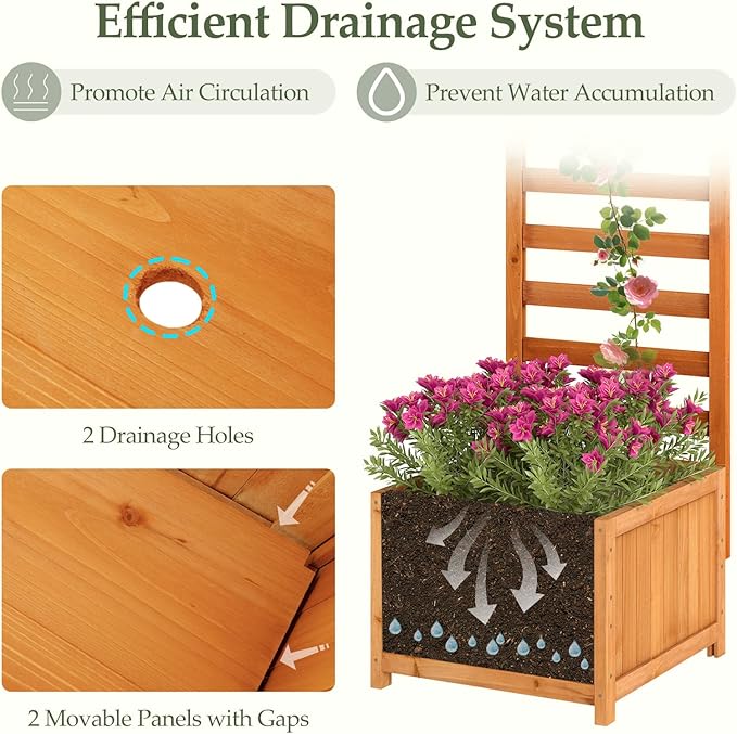 HAPPYGRILL Raised Garden Bed with Trellis, 48" Wood Elevated Planter Box w/Drainage Holes & Gaps for Climbing Plants Vines Flowers, Indoor Outdoor Privacy Fence Planter Raised Bed for Patio Yard (1)