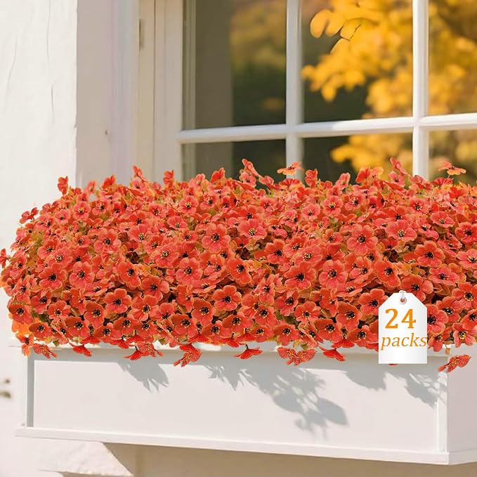 24 Bundles Artificial Mums for Outdoor Fall Flowers Fall Decor, Fall Decorations for Home Fake Mums Artificial Flowers, Fake Plants for Outdoor Planters UV Resistant for Porch Outside Yard