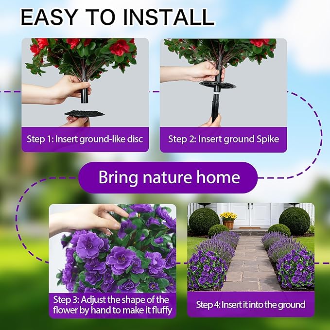 Artificial Flowers for Outdoors, Faux Outdoor Plants Fake Plants Topiary Balls Artificial Outdoor Set of 2 with Ground Spike for Home Front Porch Patio Garden Decor (Purple)