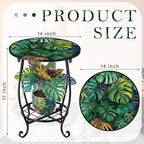 Outdoor Side Table Round Small Mosaic Patio Accent Indoor End Plant Coffee Tea Table for Yard Patio Porch Garden Living Room, Bedroom (Monster Leaf Style,14 Inch)