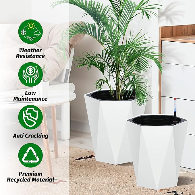 16 in Self Watering Planters Set of 2, Tall Diamond Design, with Water Level Monitor, Indoor Outdoor Flower Pots for Patio, Porch, Living Room, Home Office