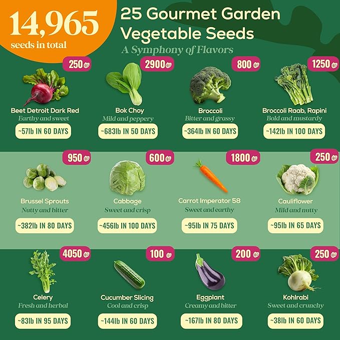 Seedphony 25 Gourmet Garden Vegetable Seeds Variety Pack - 14,965+ Non-GMO Heirloom Vegetables Seeds for Planting Indoor&Outdoor Home Garden Seeds - Gardening Seed Packets for Planting Vegetable Seeds
