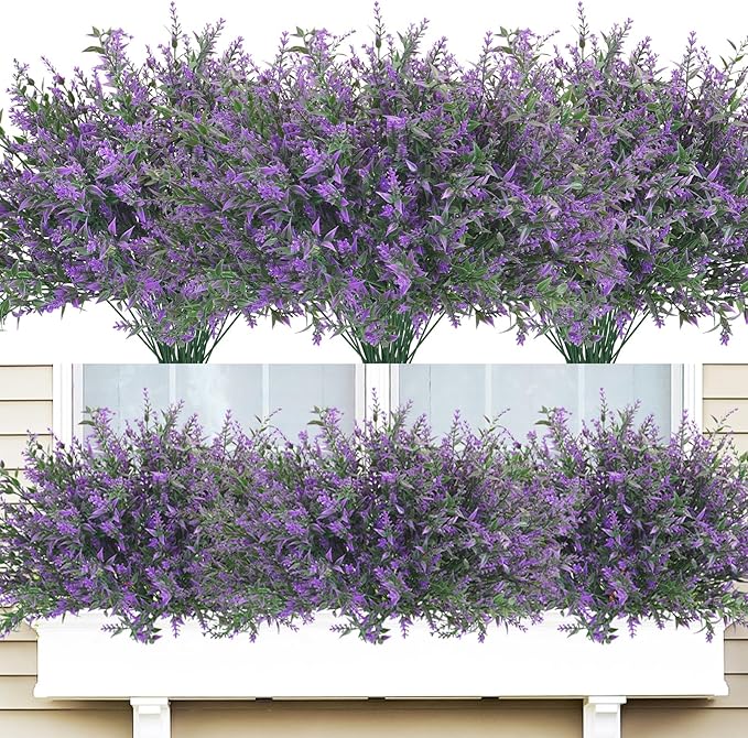 42 Pcs Fake Lavender Flowers Outdoor UV Resistant Faux Plastic Lavender Flowers No Fade Artificial Lavender Purple Plants for Outside Garden Porch Window Box Hanging Planter Decor (Purple)