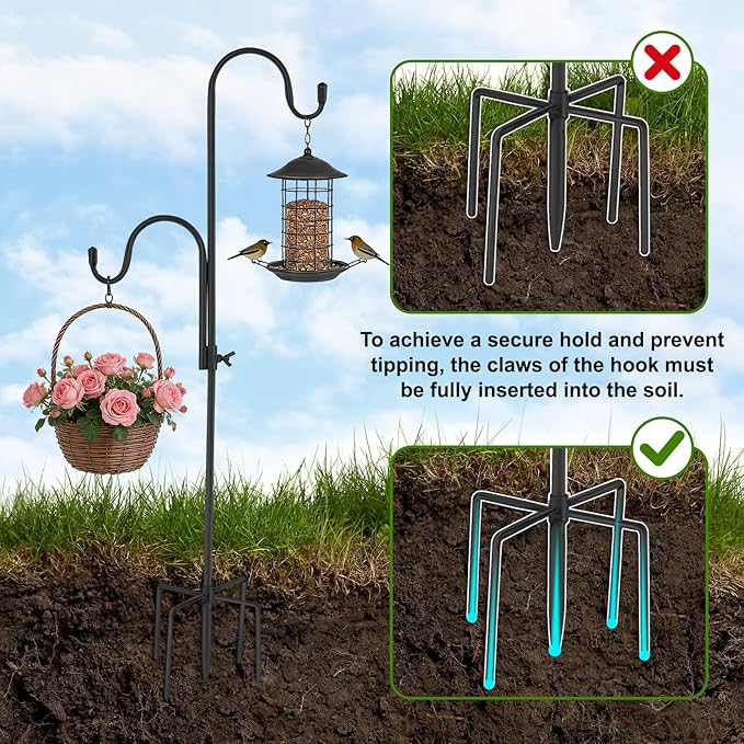 FrutPunch Double Hook Design Shepherds Hooks for Outdoor, 1Pack 35Inch Bird Feeder Pole with 5-Claw Base, Adjustable Shepherds Hook for Bird Feeder for Hummingbird, Plant Supporter, Wedding Decor