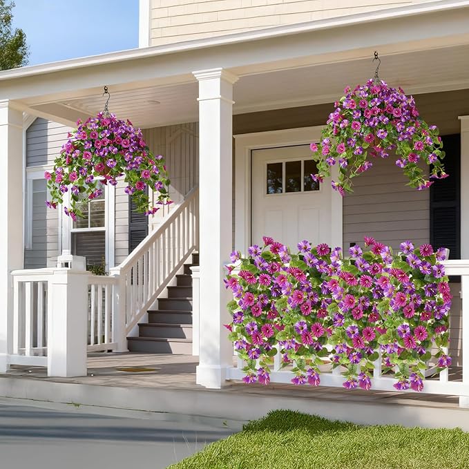 Homsunny Artificial Hanging Fake Flowers with Basket Plants for Outdoor Decoration, Faux Silk Flower UV Resistant Morning Glory for Home Porch Patio Garden Balcony Yard Look Real (Light Purple)