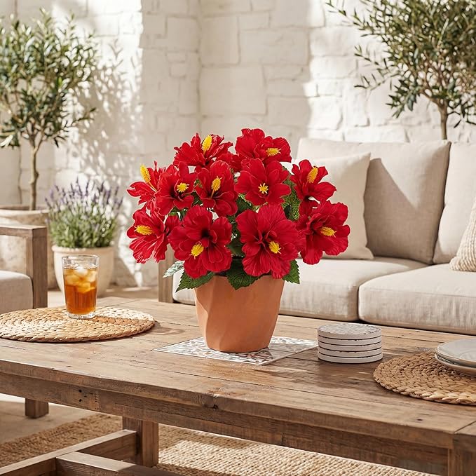 Briful Artificial Hibiscus Flowers in Pot, 14.1" Faux Tropical Flower Plant for Outdoor Porch, Potted Red Hibiscus Tabletop Decor for Living Room, Dining Table, Kitchen, Office, Indoor Home Décor