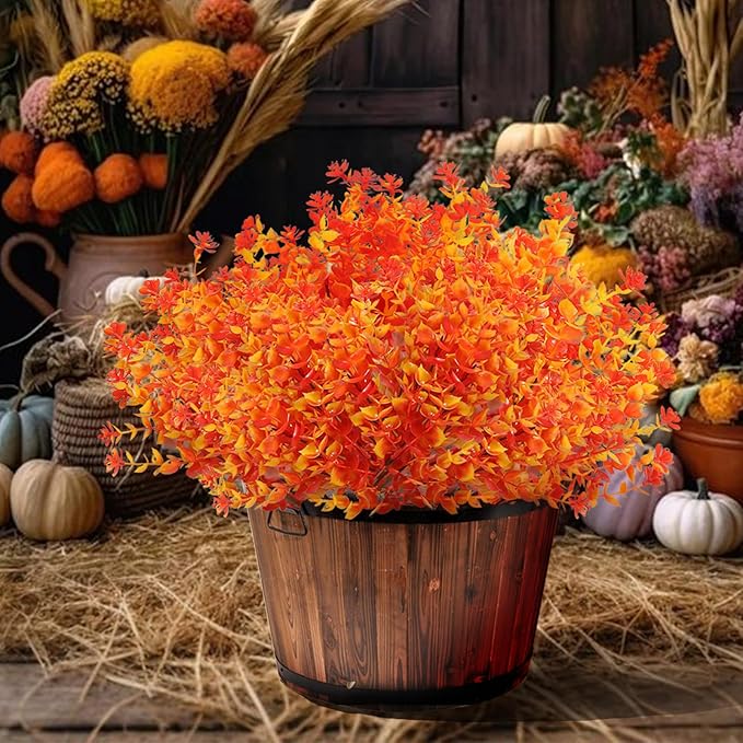 Artificial Fall Flowers for Outdoors, 10 Bundles Faux Flower UV Resistant Fall Fake Mums Plants for Outside Halloween Christmas Porch Decoration Fall Decor(Orange(Eucalyptus))