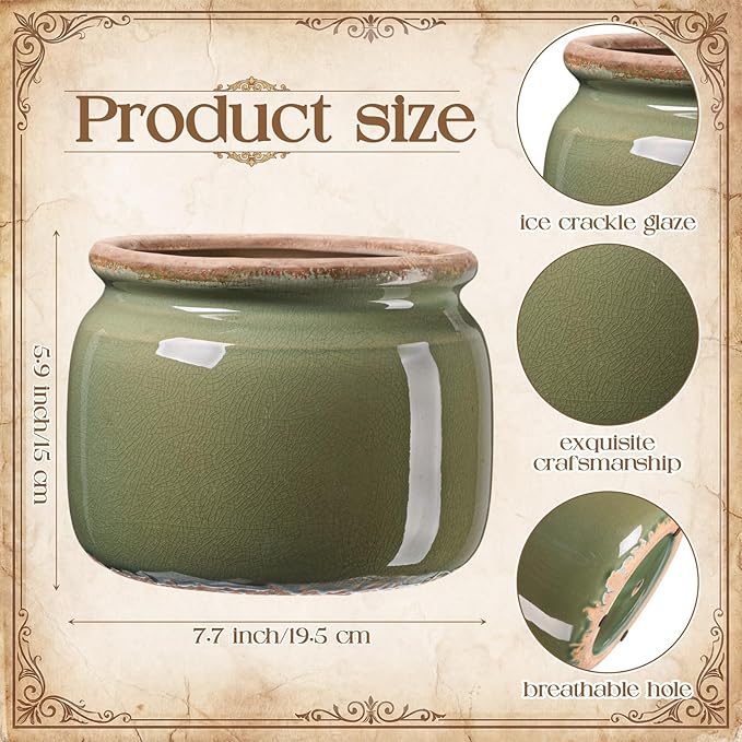 7.7" Large Ceramic Plant Pot Country Green Vintage Planter Crackle Glaze Decorative Farmhouse Flowers Pot with Drainage for Indoor Outdoor Plants Home Shelf Kitchen Office Patio Decor Gift