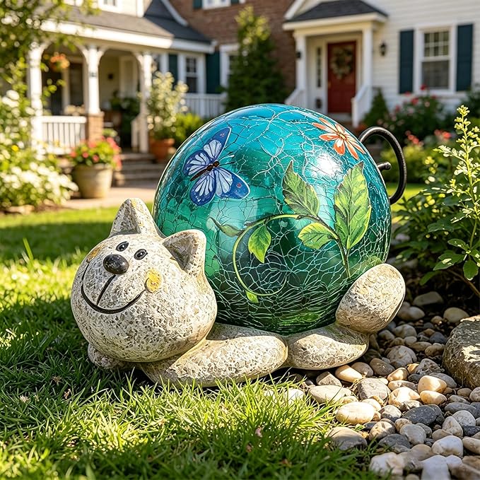 Afirst Solar Garden Statues Outdoor Figurines - Cat Lawn Ornament with Solar Lights Cracked Glass Outdoor Decor for Patio Yard Decorations